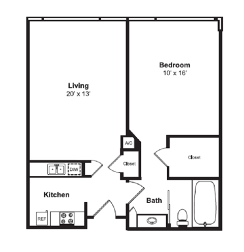 Floor plan for 1 bed, 1 bath, 770 sqft